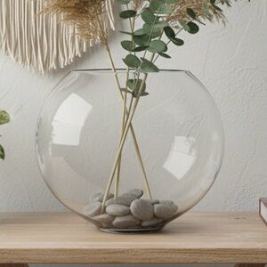 Pier 1 Clear Glass Hand Blown Large Flat Circle Canoe Vase Elliptical Opening